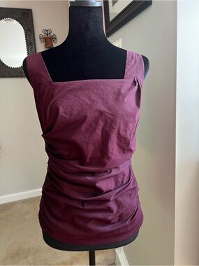 Ann Taylor Square-Neck Ruched Tank Top Exposed Back Zip Plum 4P